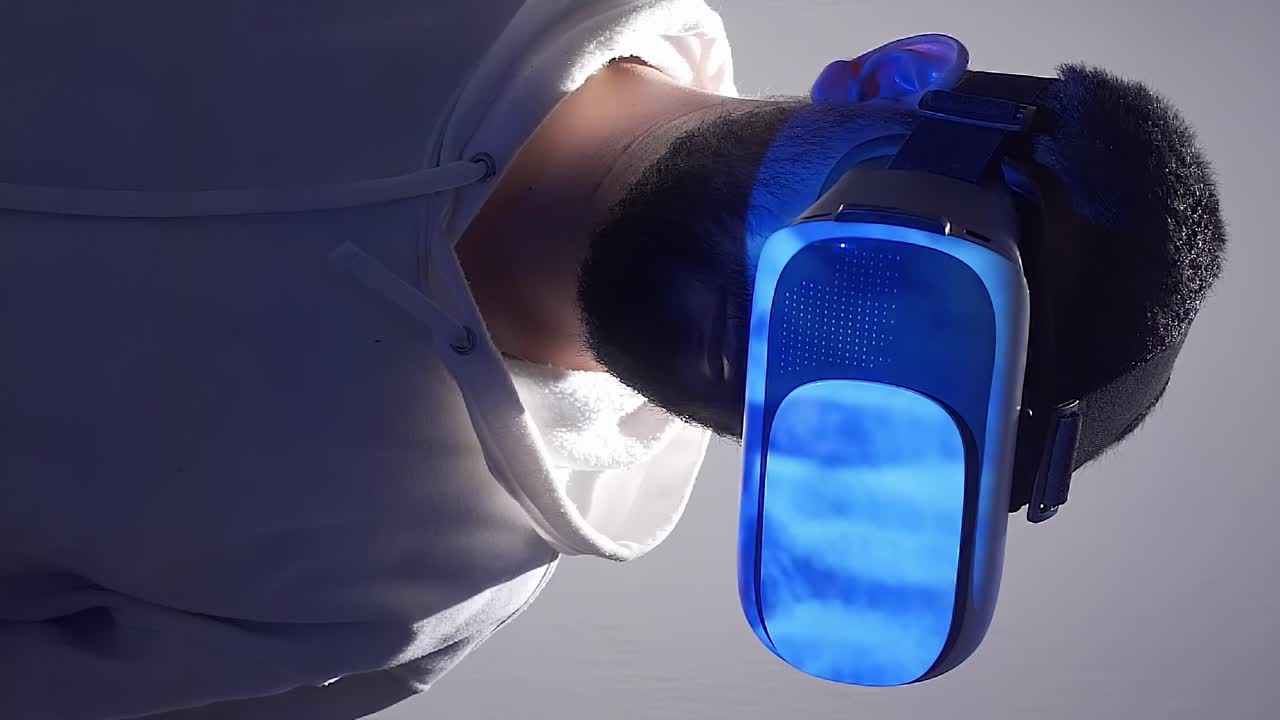 jugador con gafas de realidad virtual, animación azul giratoria