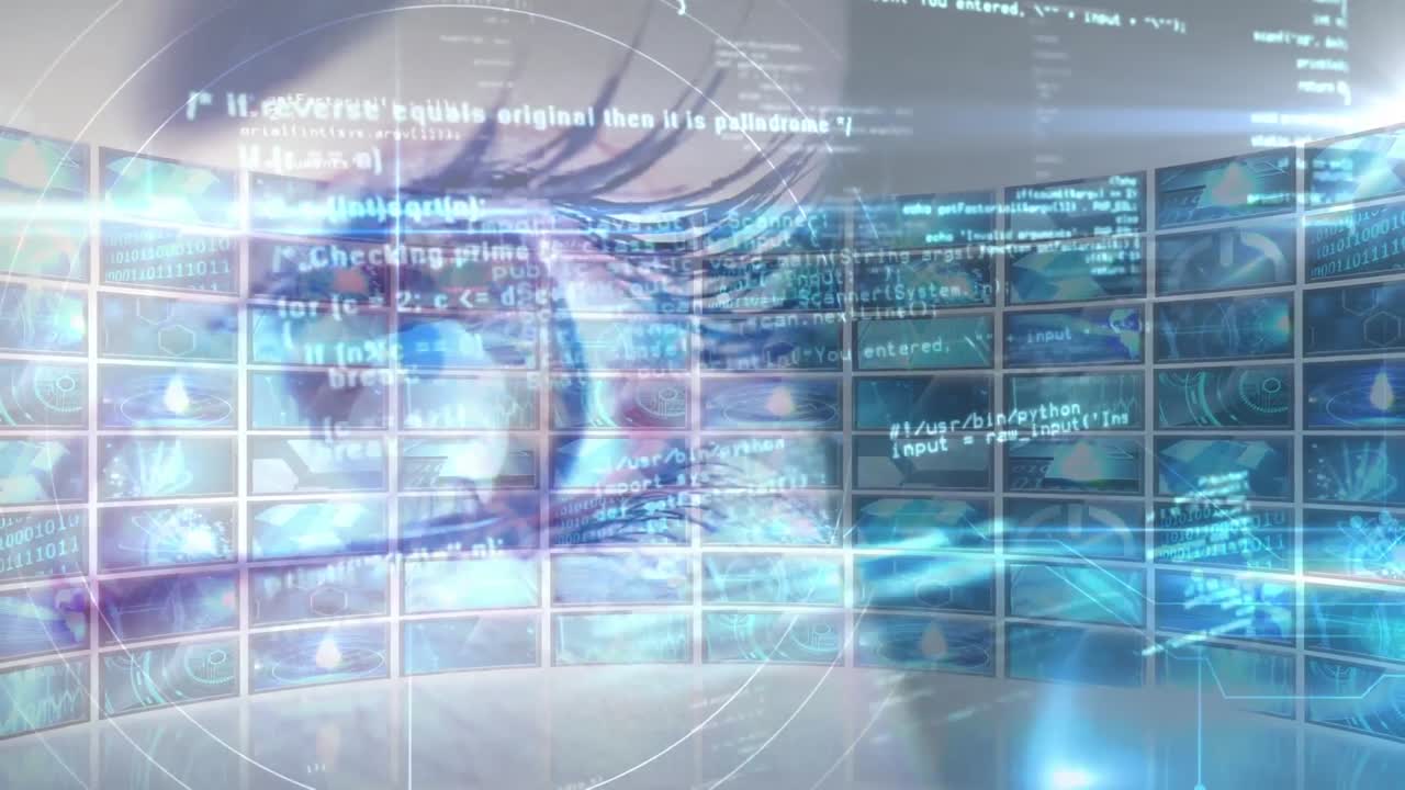 animazione di un occhio umano con dati e informazioni che si muovono su più schermi