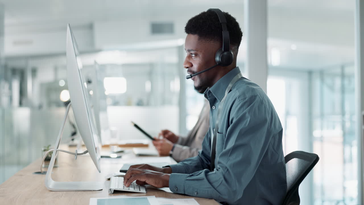 Happy black man, call center