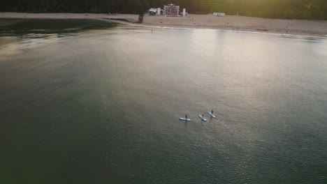 aerial - people oaring standing on paddleboards in baltic sea by the gdynia public beach at sunset