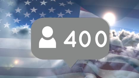 animation of speech bubble with numbers over clouds and flag of usa