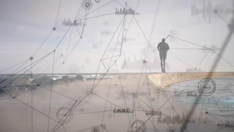 animation of network of connections and data processing over man running