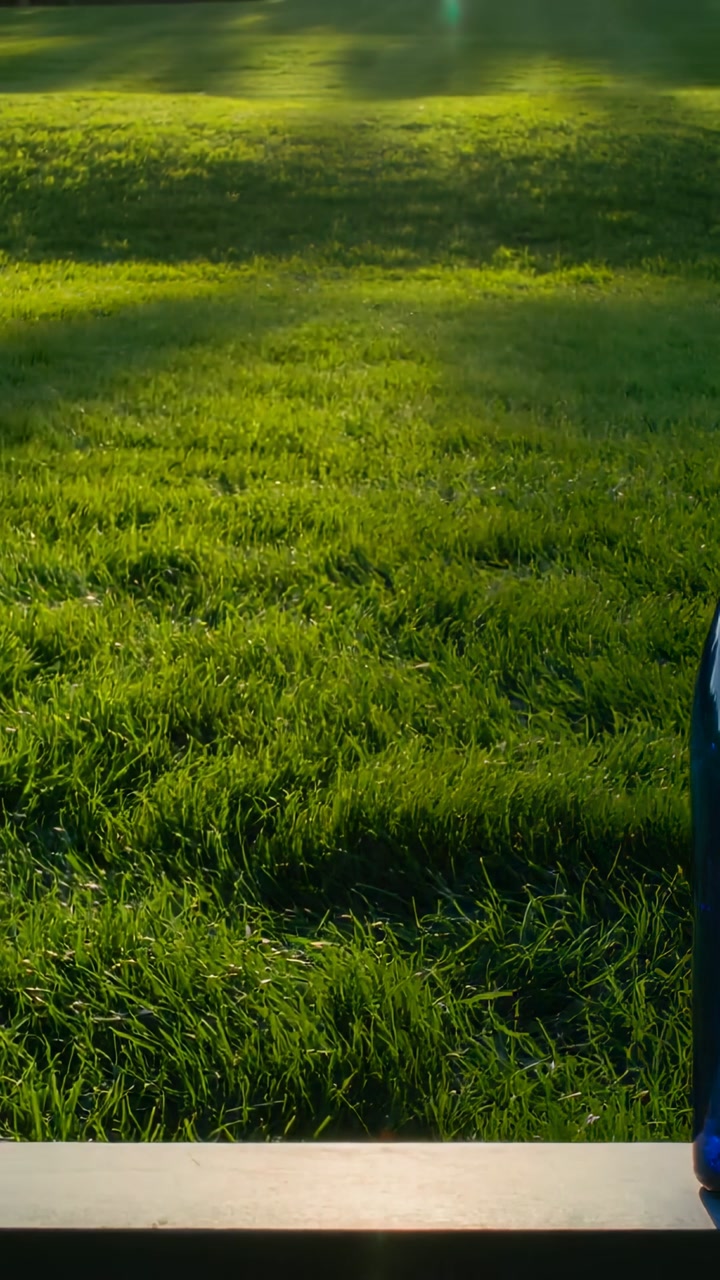 Vertical video: Breeze causing sunlit lawn rippling from rail with blue bottle, tree shadows, flare