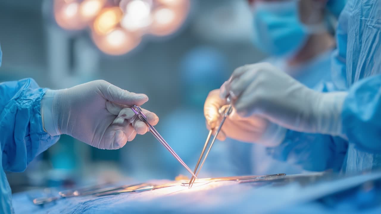 Detailed Depiction of Surgical Procedure with Precision Instruments: Focus on Hands Engaging in An Operation Under Bright Surgical Lights