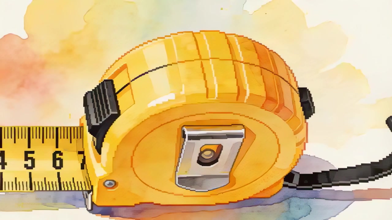 Extending yellow tape measure blade left on watercolor paper, showing numbers, hooked tip