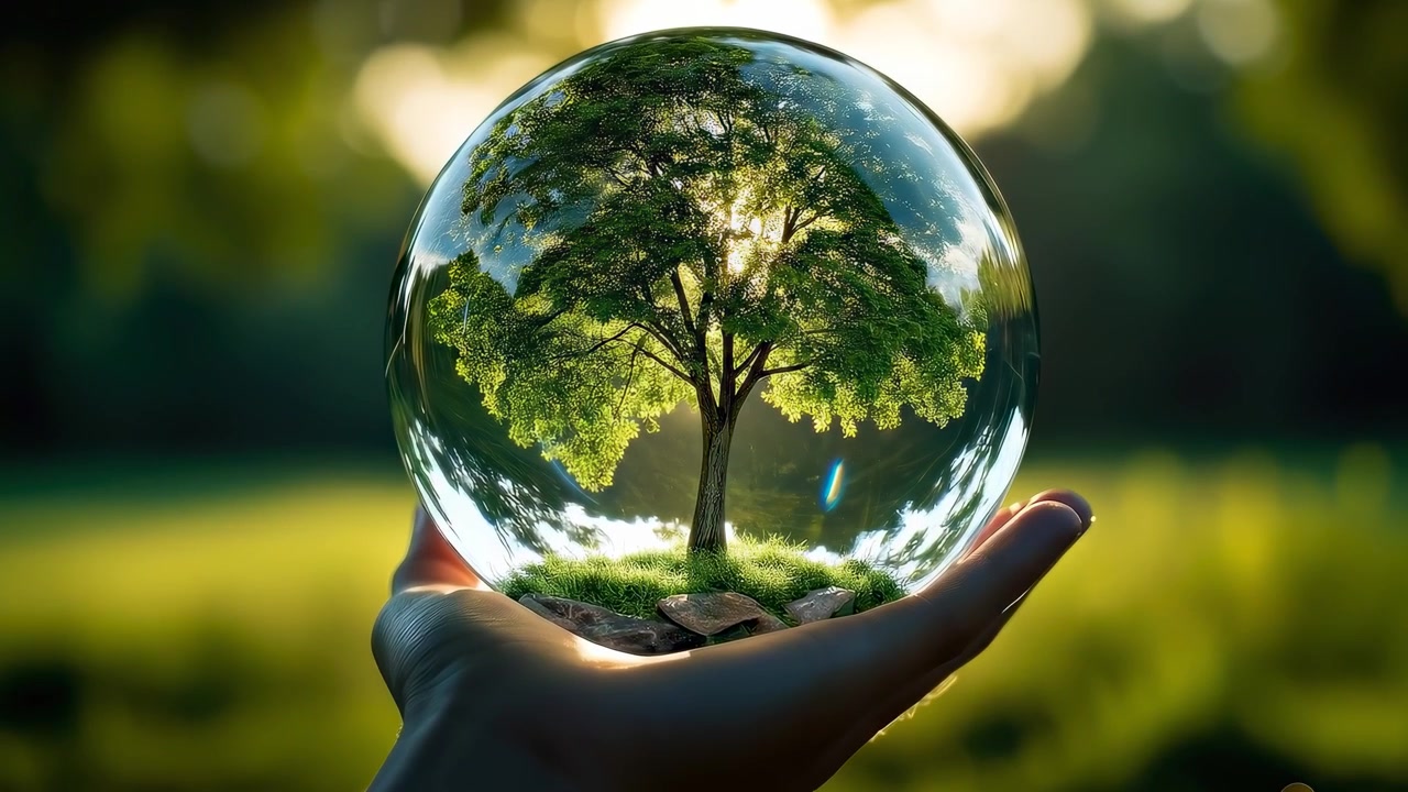 Hand Holding Crystal Ball Reflecting a Tree at Sunset
