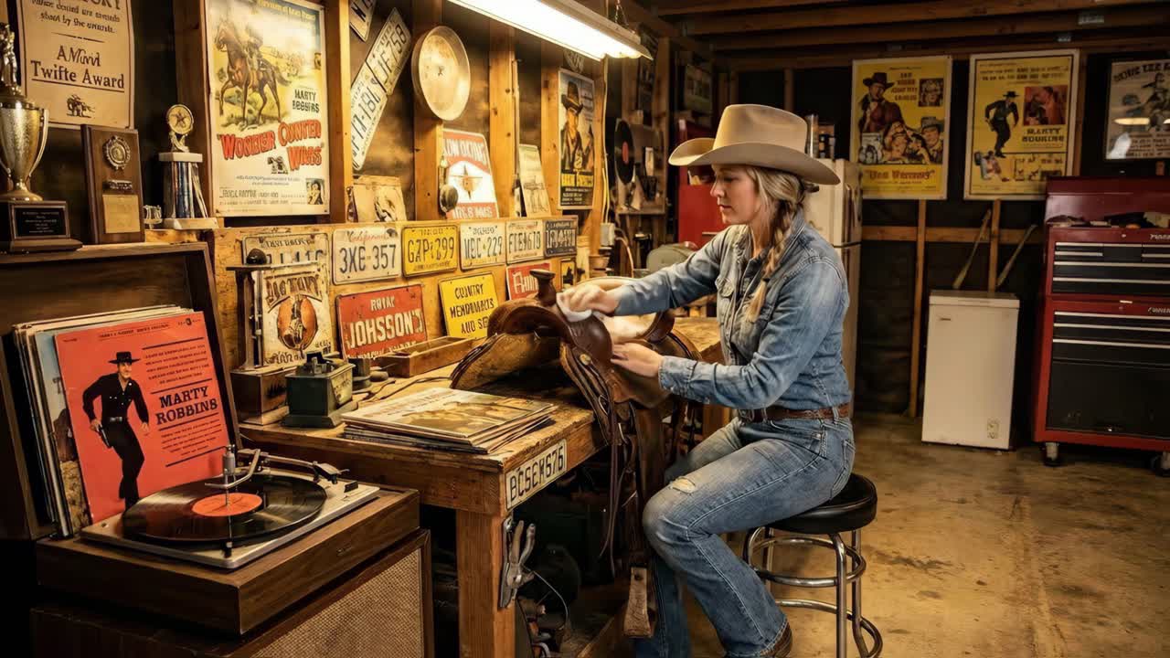 Cowgirl reinigt Sattel in Vintage-Garage