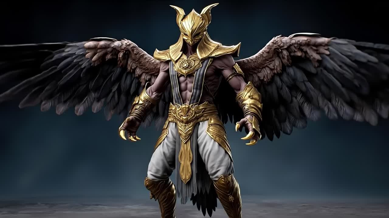 A man in armor with wings standing in the dark