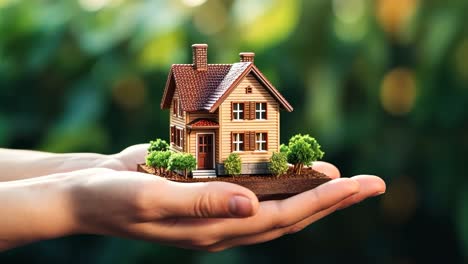 a close-up video concept of hands holding a miniature house, symbolizing home care