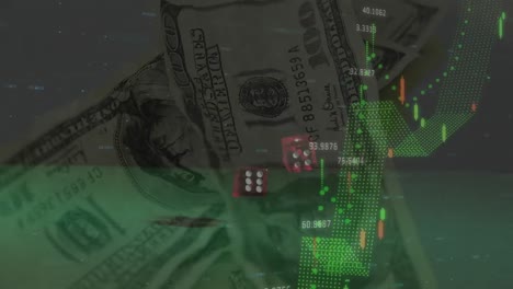 animation of financial data processing over two dice and american dollar bills on green background