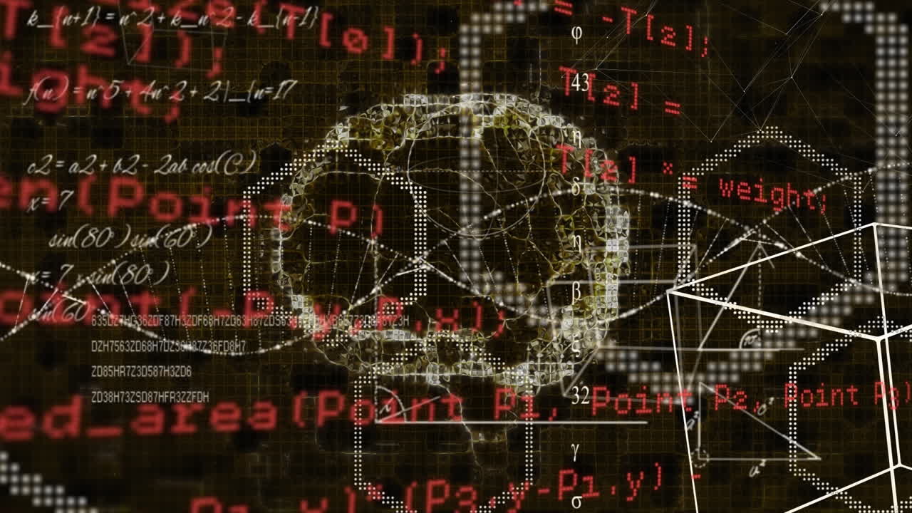 Animation of digital screen with scientific data, brain and hexagons