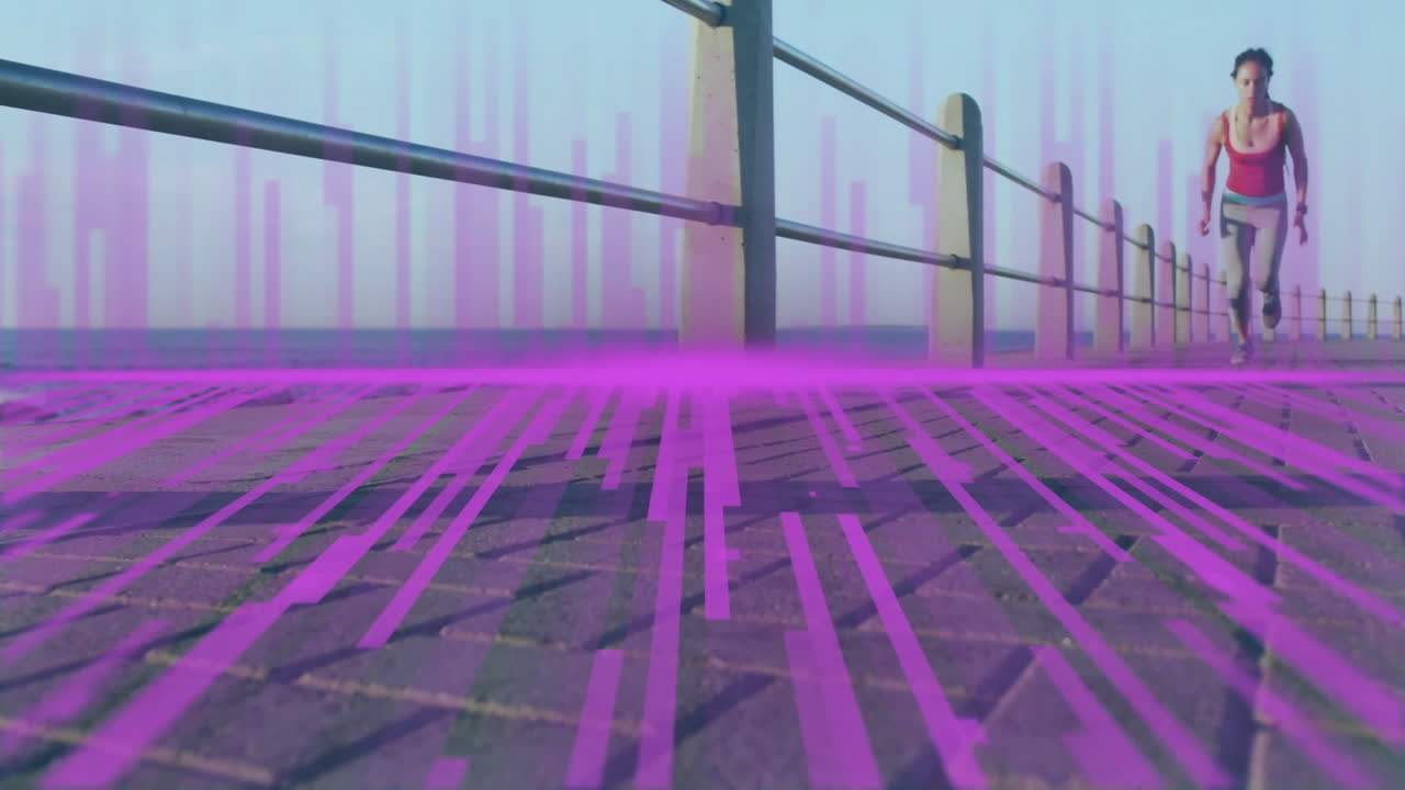 Running on boardwalk, digital animation overlay with purple lines and patterns