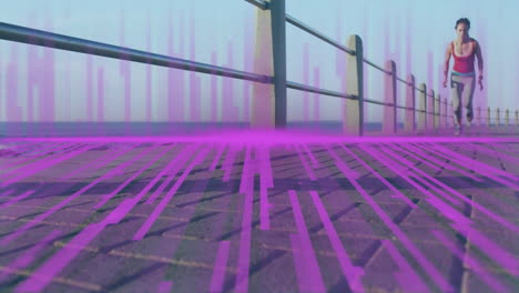 running on boardwalk, digital animation overlay with purple lines and patterns