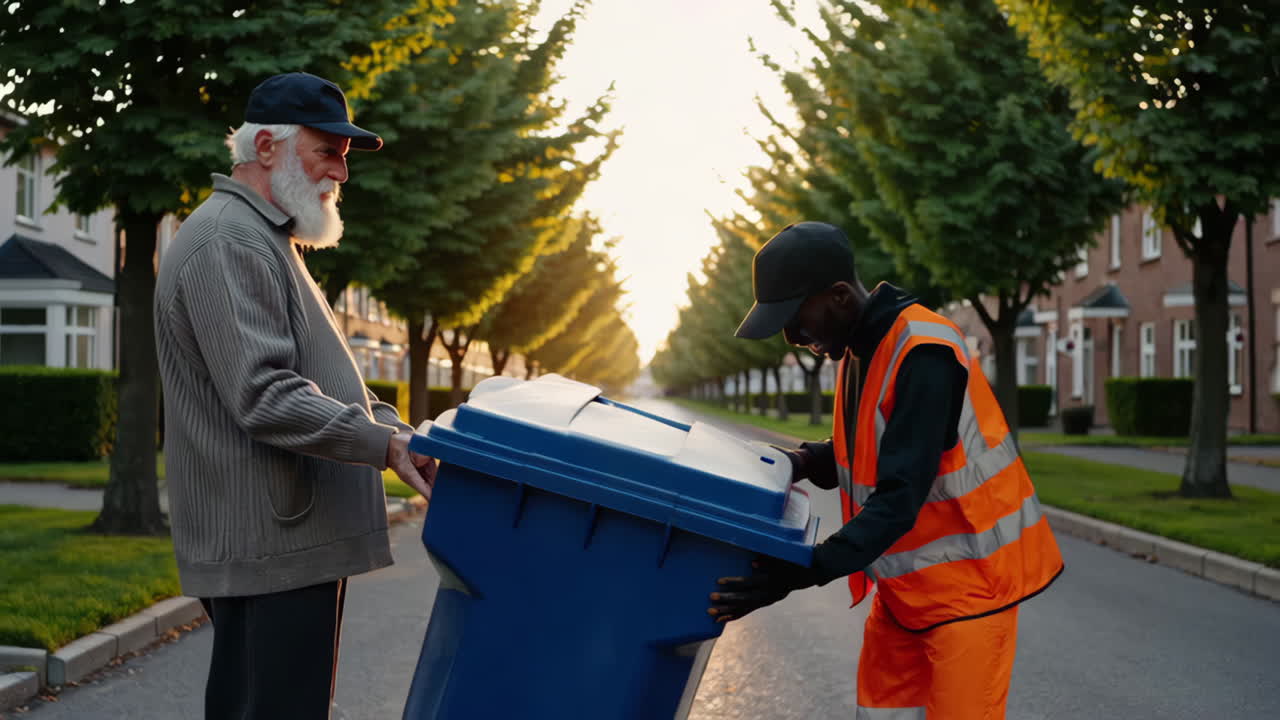 Elderly Man and Waste Collector Interact with a Blue Recycling Bin