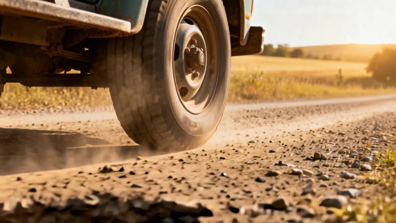 Approaching front wheel striking pothole on dirt road, throwing stones and continuing toward fields
