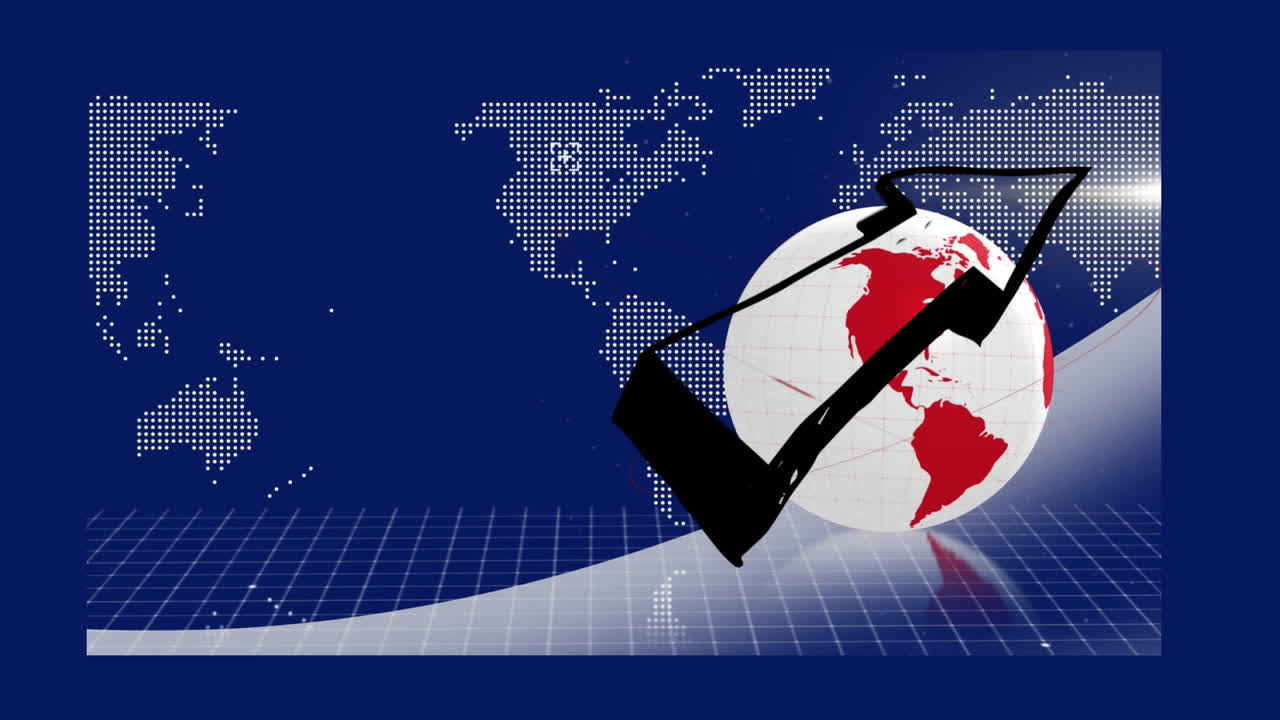 파란색 배경의 세계 지도 위에 화살표와 성공 텍스트를 가진 지구의 애니메이션