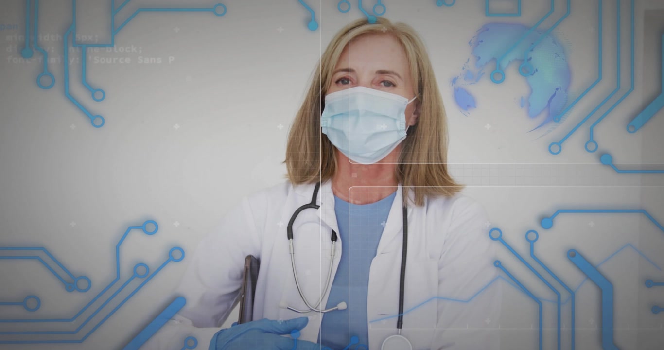 Médico tocando una tableta, revelando una superposición de globo de circuito, ajustando el estetoscopio.