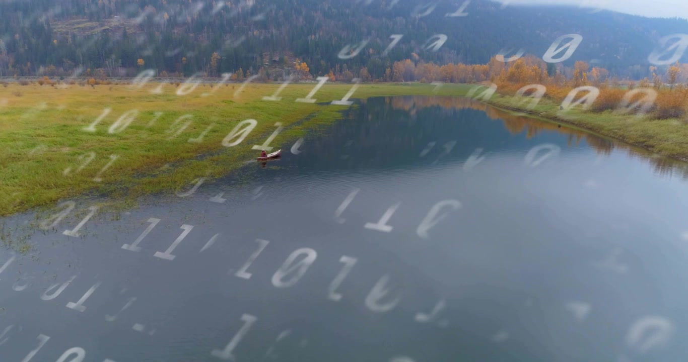 Man shifting then paddling red boat away from shore, data overlay floating, drone widening view