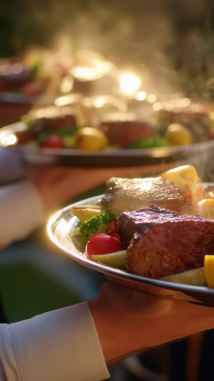 Pratos aromáticos da cozinha gourmet: carnes saborosas acompanhadas de vegetais coloridos e ervas frescas servidas em uma experiência gastronômica sofisticada
