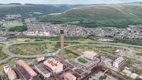 steel works port talbolt, wales uk town in background drone,aerial