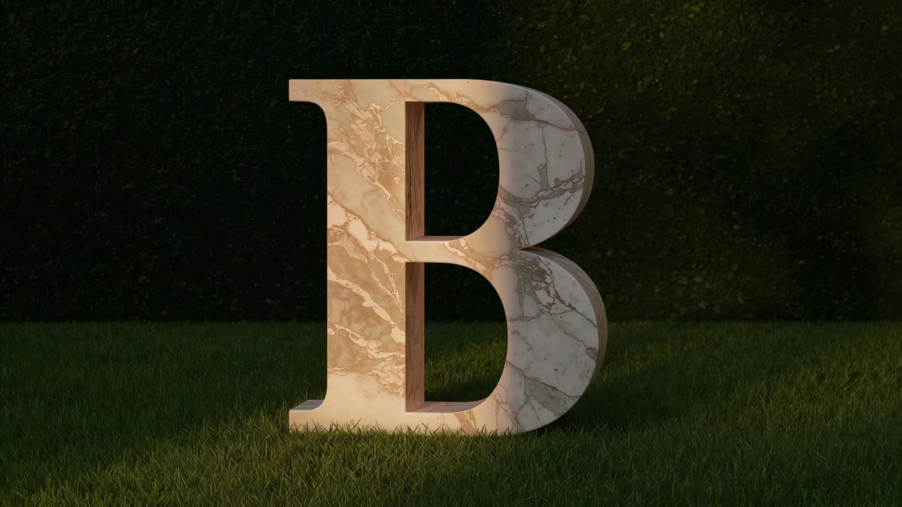 Moving sun shifting sunlight sweeping over marble letter B on grass by hedge, showing time passage