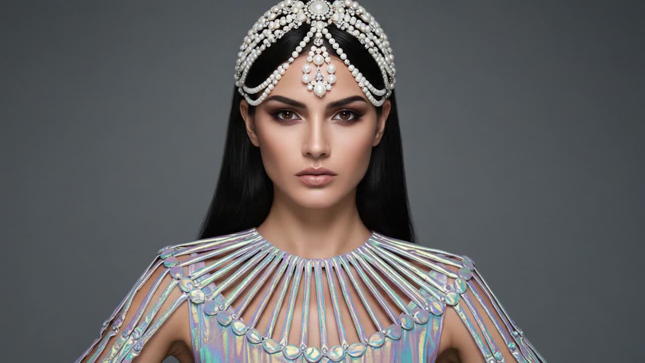Stunning Elegant Model Showcasing Intricate Fashion Design with Shimmering Iridescent Details and Ornate Headpiece in a Captivating Studio Portrait