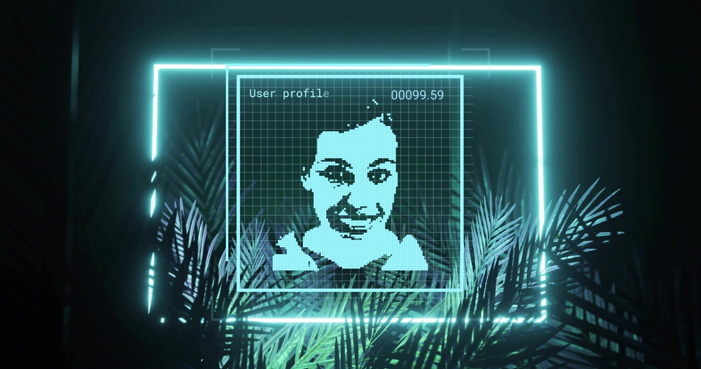 Timestamp updating, user profile shifting expression while neon HUD scanning profiles for tech ID