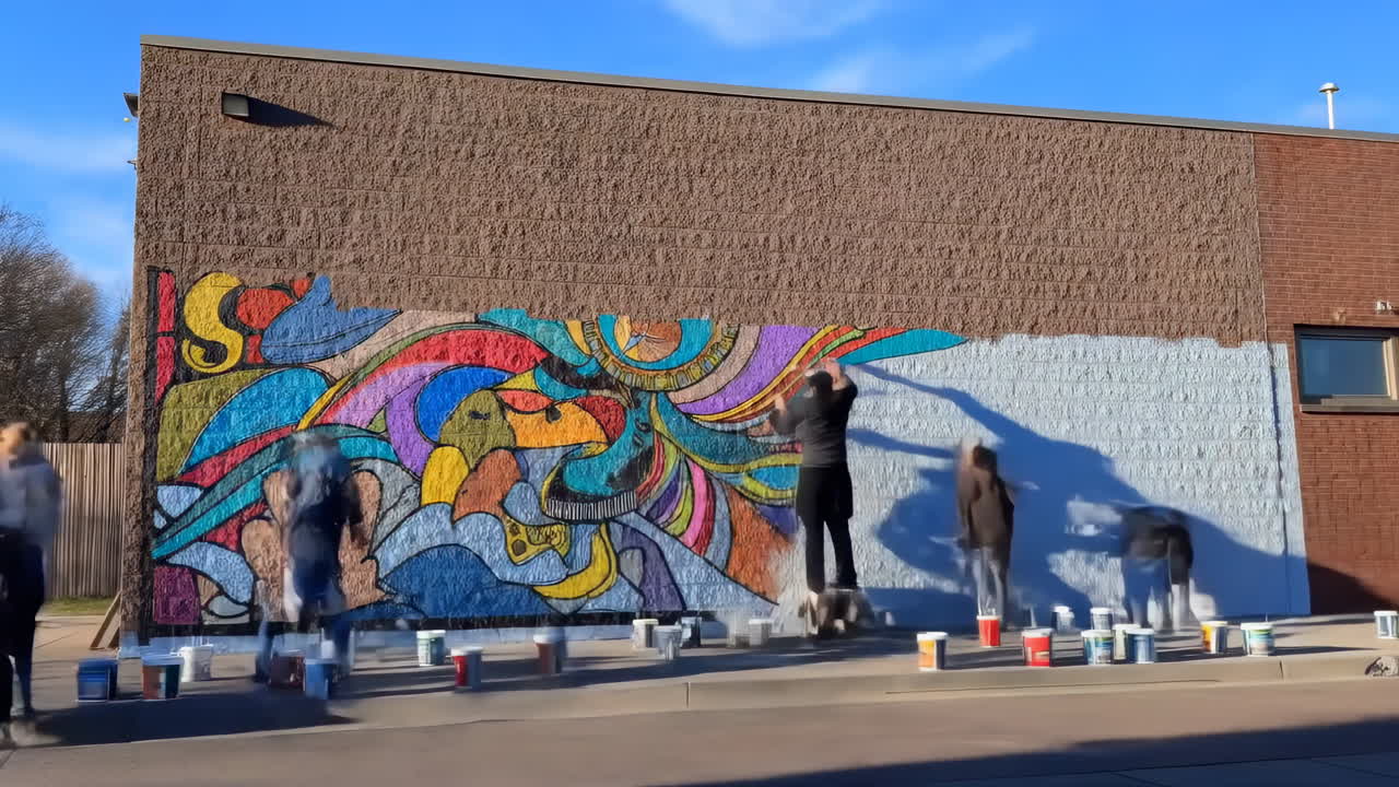 Timelapse de personas pintando un vibrante mural comunitario