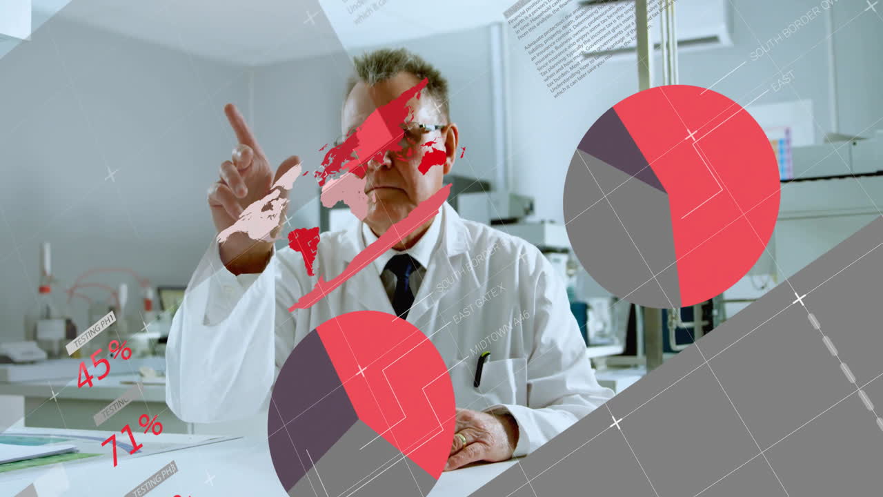 Interacting with digital map and animation, scientist analyzing data in laboratory