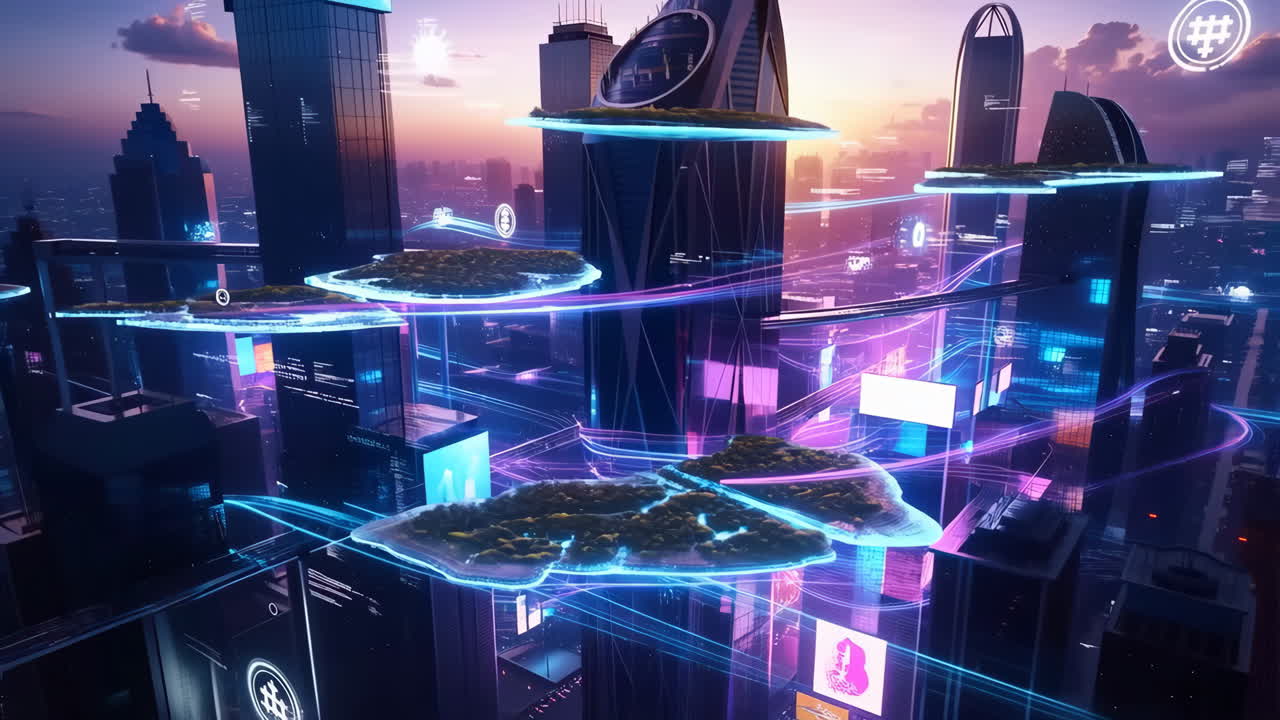 Futuristic Digital Cityscape with Floating Islands and Neon Data Streams