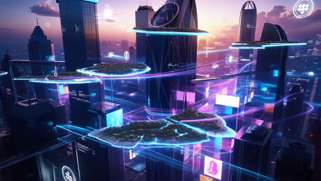 futuristic digital cityscape with floating islands and neon data streams