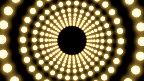 터널 불꽃 전구 상자 프레임 원 모양 회전 움직이는 패턴, 레트로 3d 가상 스타일 일러스트레이션 어두운 배경에서 빛나는 원활한 루핑 애니메이션 4k, 복사 공간