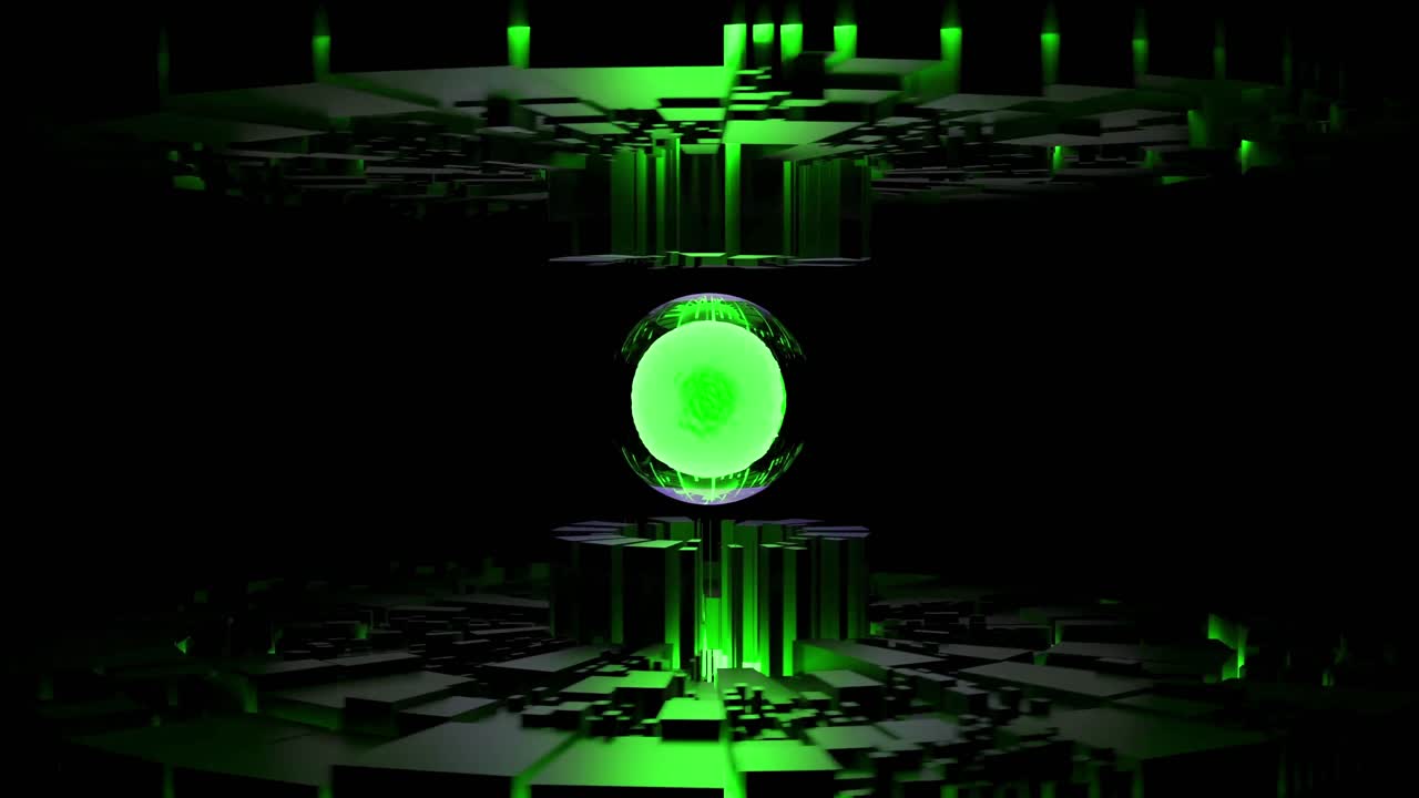 Abstract 3D Render of a Glowing Green Sphere in a Dark Futuristic Setting