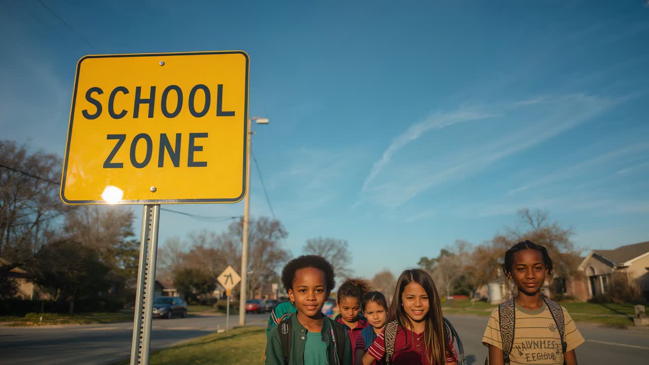 Walking group of five students with backpacks going to school on sidewalk, passing SCHOOL ZONE sign