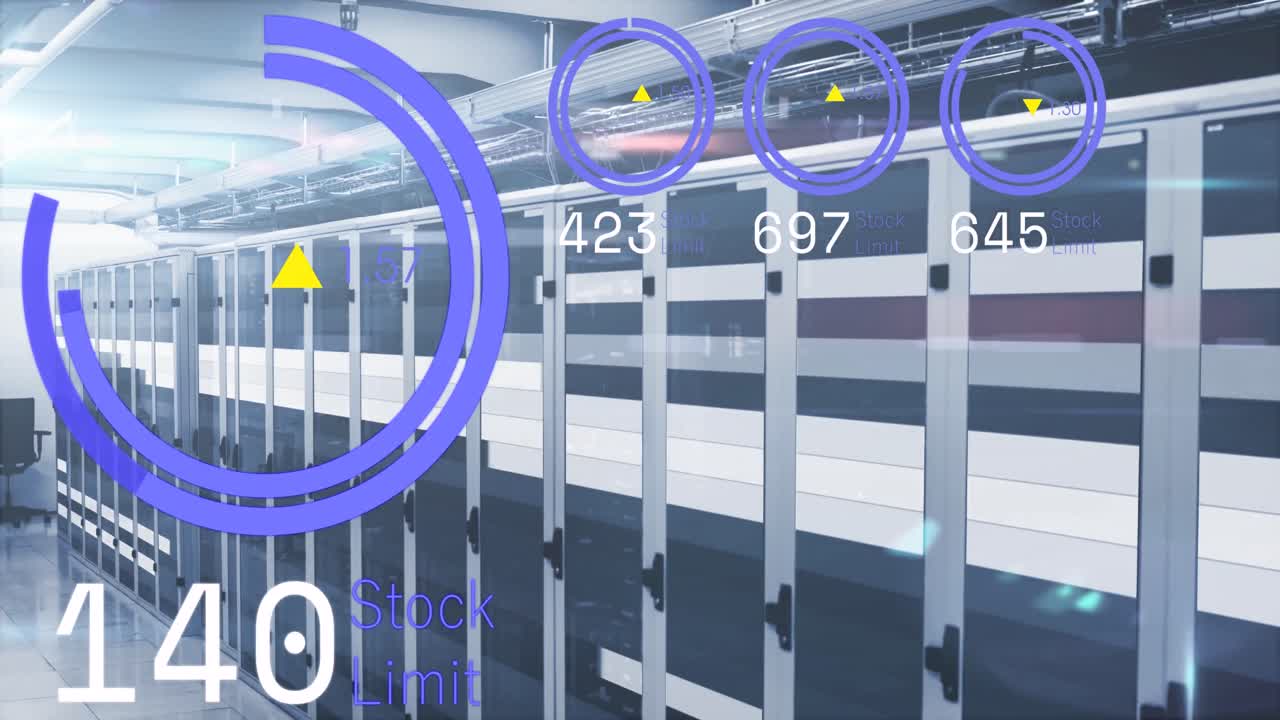 주식 시장 데이터 처리의 애니메이션과 컴퓨터 서버 방에 대한 빛의 흔적