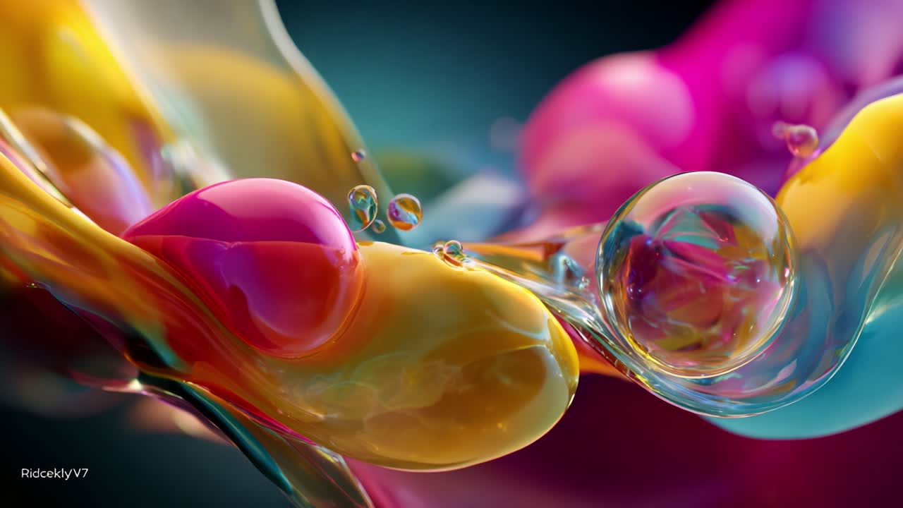 Vibrant Abstract Gel Liquid Dynamics Showcasing Colorful Blobs and Spheres Interacting in a Mesmerizing Dance of Light and Fluidity - A Study of Organic Forms and Colors