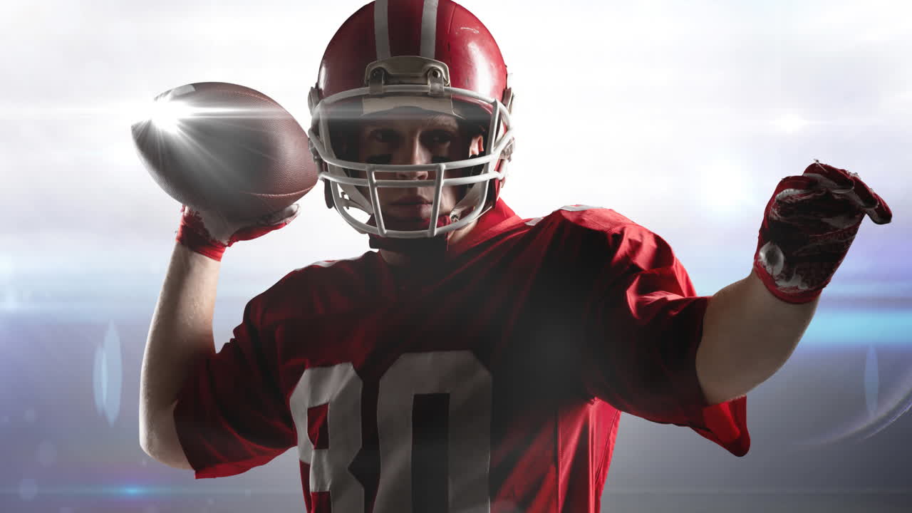 Animazione di luci in movimento su un giocatore di football americano in azione mentre lancia la palla.