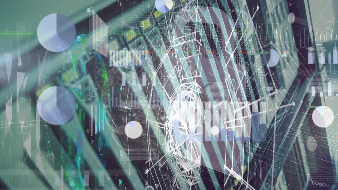 컴퓨터 서버를 통해 회전하는 기하학적 모양으로 그래프를 표현하는 애니메이션