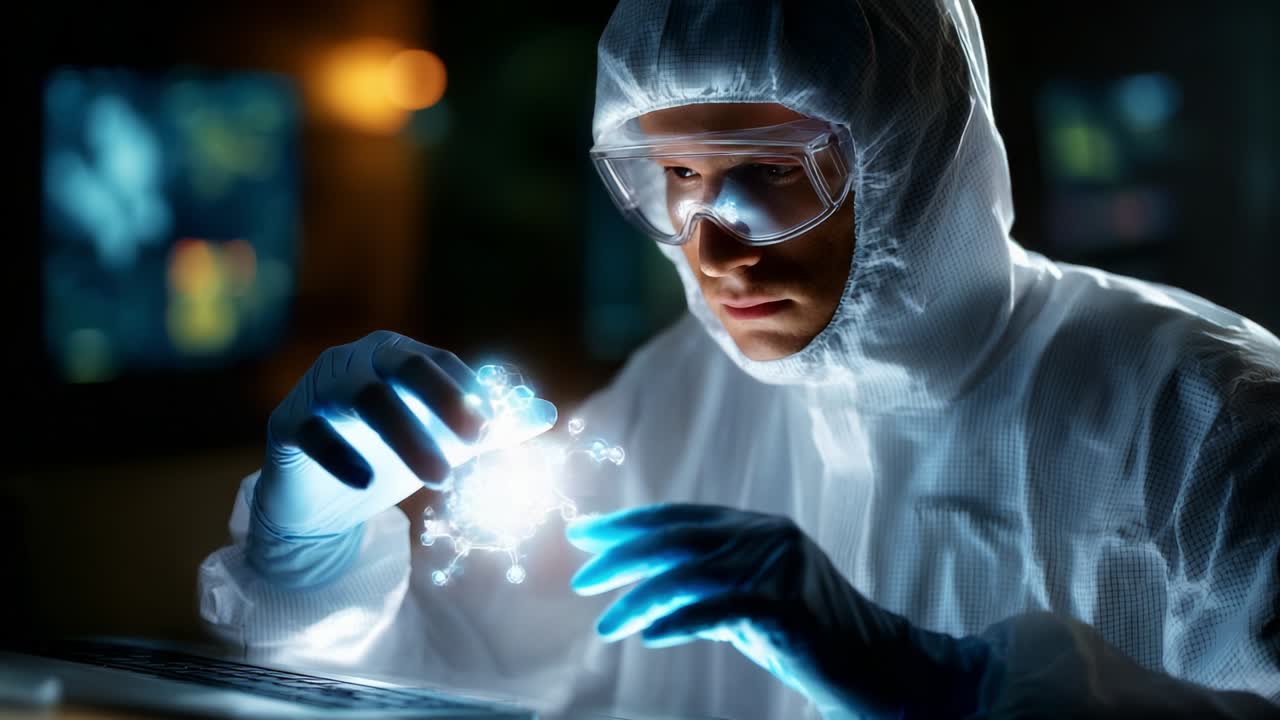 A focused scientist in a protective suit analyzing glowing particles with a manipulative hand gesture, exploring advanced scientific concepts in a high-tech laboratory environment, captivating the essence of innovation and discovery