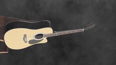 Vertical-video-of-tan-acoustic-guitar-rendered-with-wooden-stand-and-smoke-on-black-background