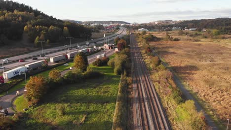 aerial dolly shot of train tracks in gothenburg, sweden during the day