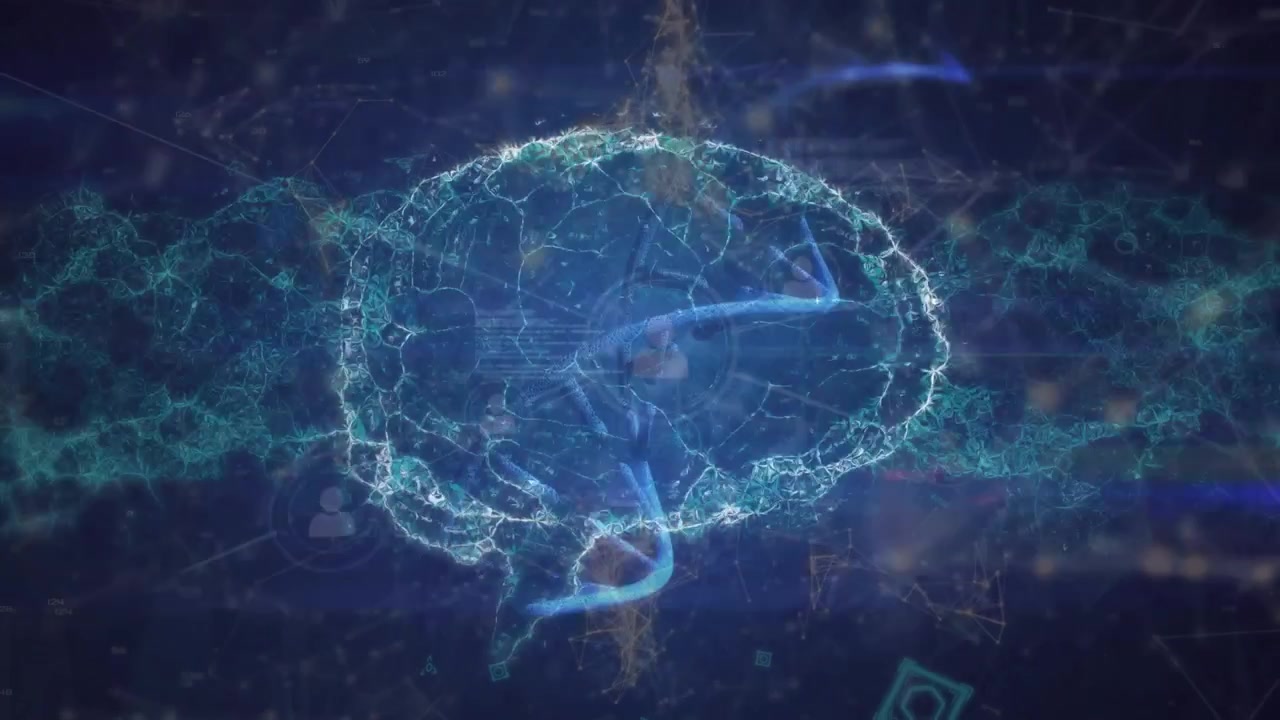 Animazione di una rete di connessioni su una struttura di DNA rotante e un cervello umano.