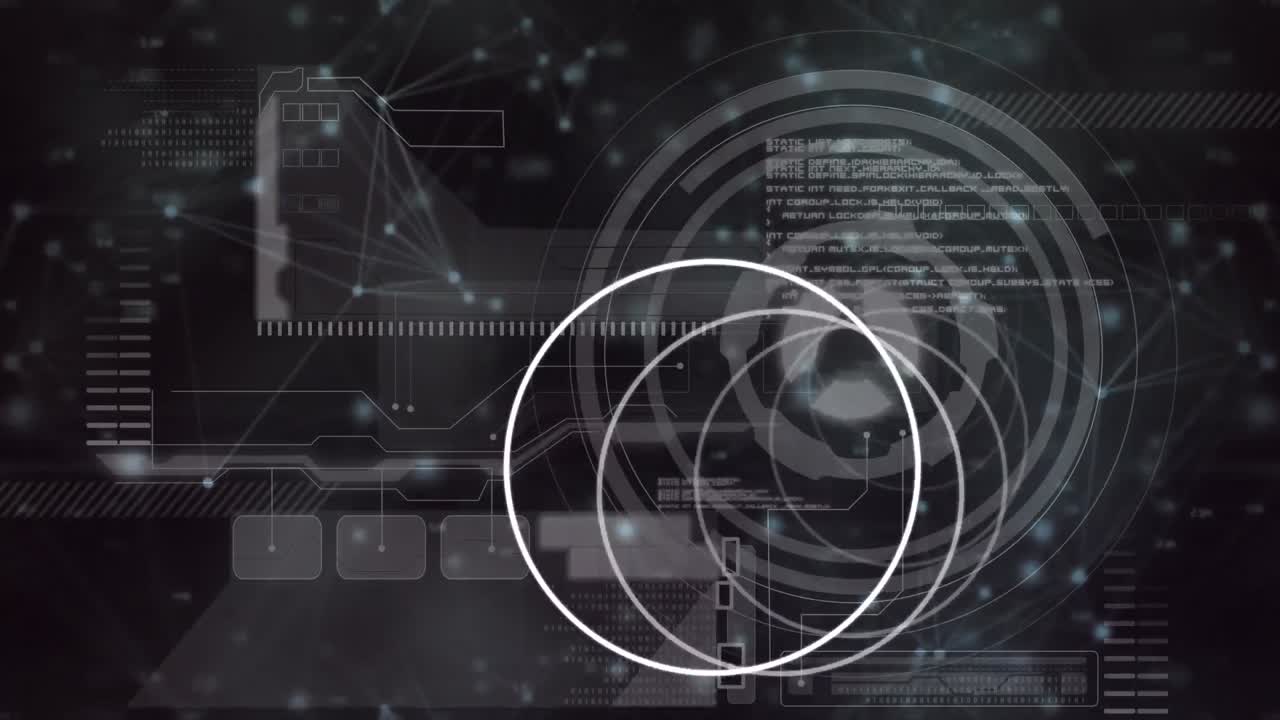 검은색의 데이터 처리와 디지털 인터페이스를 통해 이동하는  ⁇ 색 원의 애니메이션