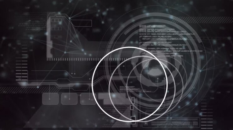 Animation af hvide cirkler, der bevæger sig over digital grænseflade med databehandling på sort baggrund