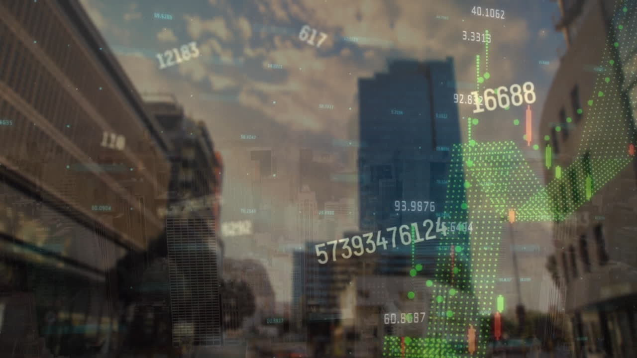 animación del procesamiento de datos financieros sobre el paisaje urbano