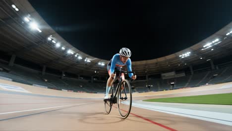 high-speed track cycling at night: an athlete pushes limits in an empty velodrome, capturing the intensity and focus needed for competitive cycling