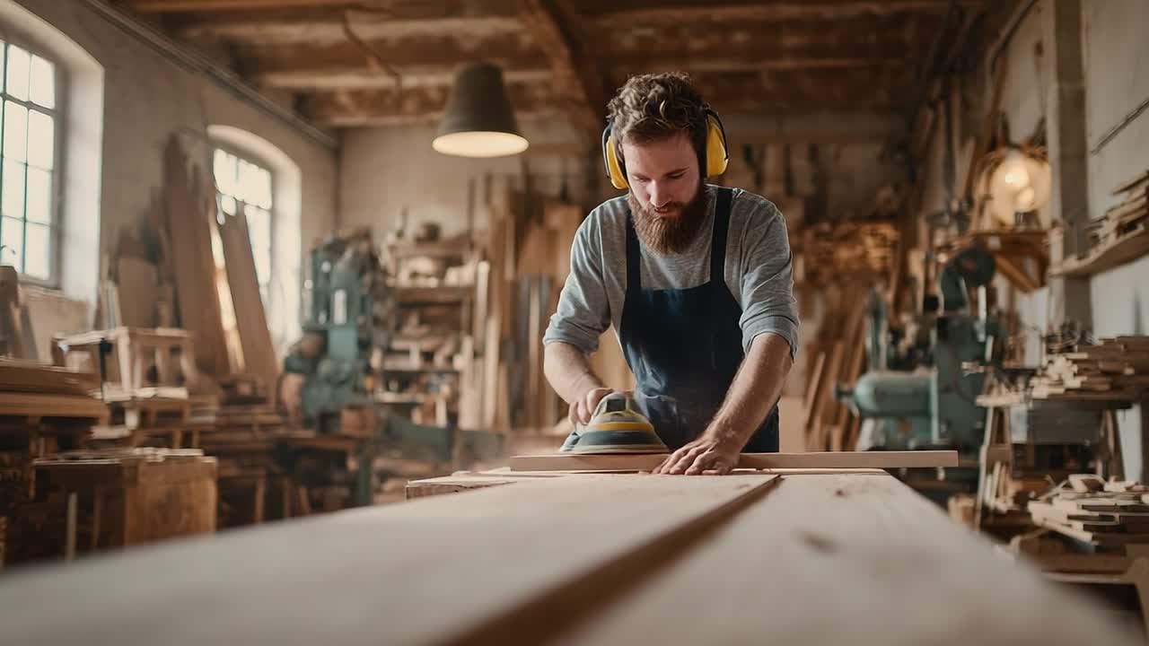 Erfahrener Handwerker schleift Holz in einer belebten, mit Werkzeugen gefüllten Werkstatt