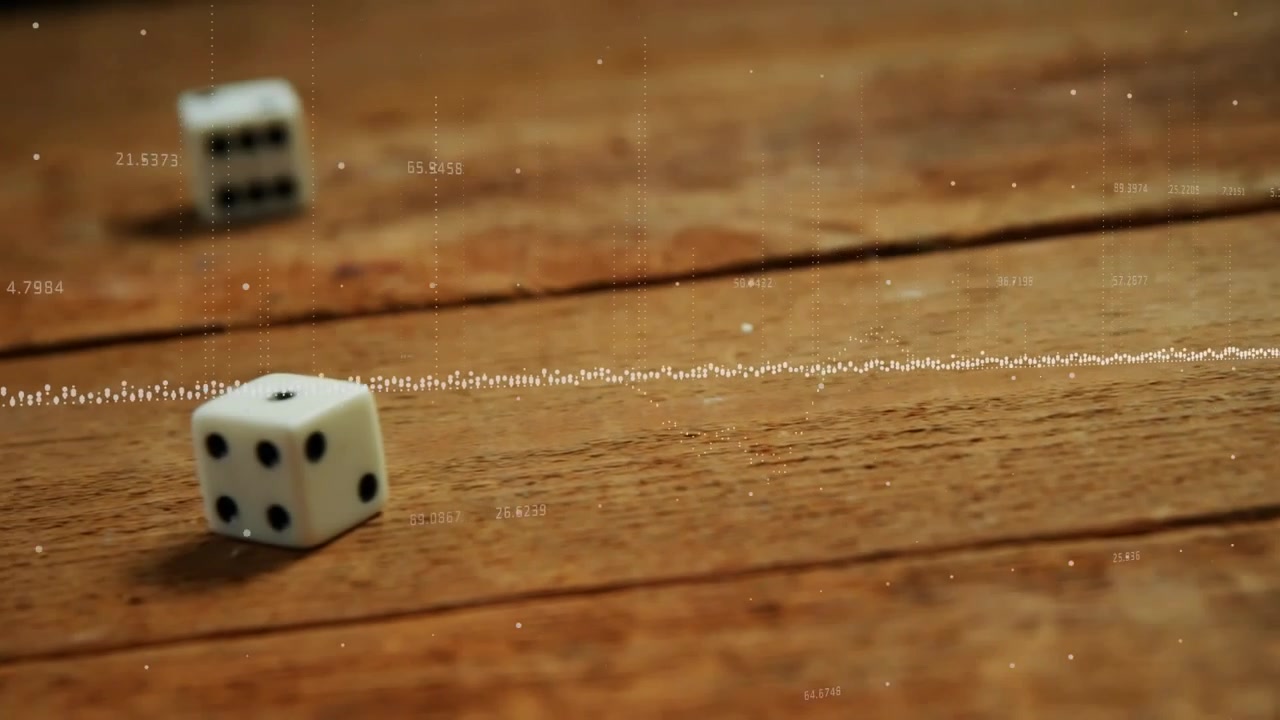 Animation de traitement de données financières sur des dés, sur un fond en bois.