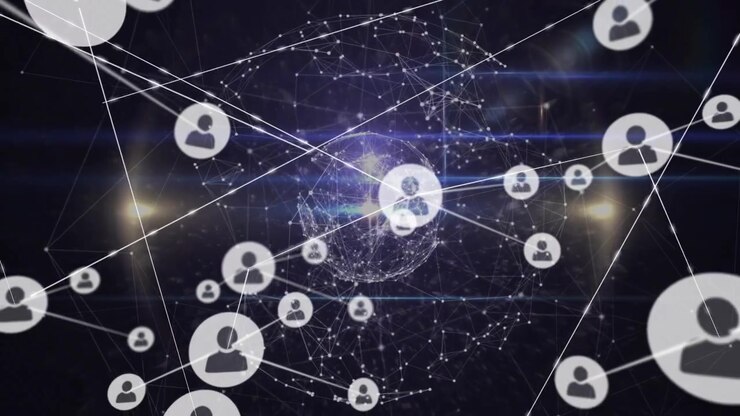 Centralt glødende avatar-token sender linjer i mørk teknologiscene, tiltrækker avatarer, der tilslutter sig netværket