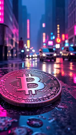 bitcoin coin reflecting city lights in a vibrant urban setting